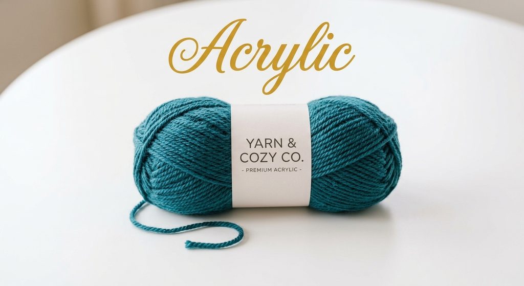 Teal premium acrylic yarn skein on a clean white table with fancy cursive text reading Acrylic