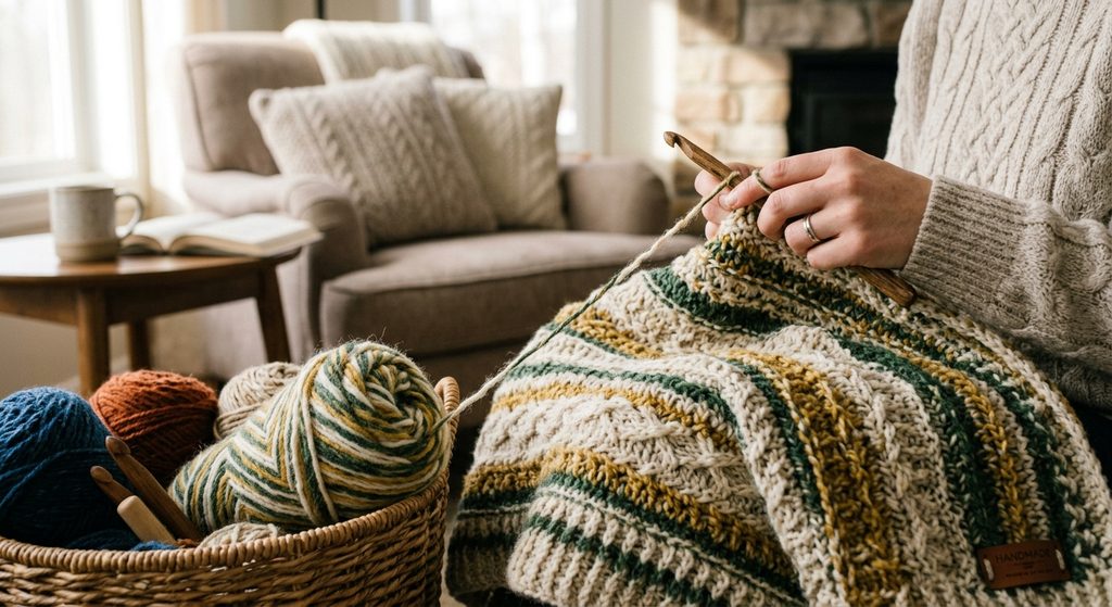 Hands crocheting a warm blanket using wooden hook and the best yarn choices for blankets