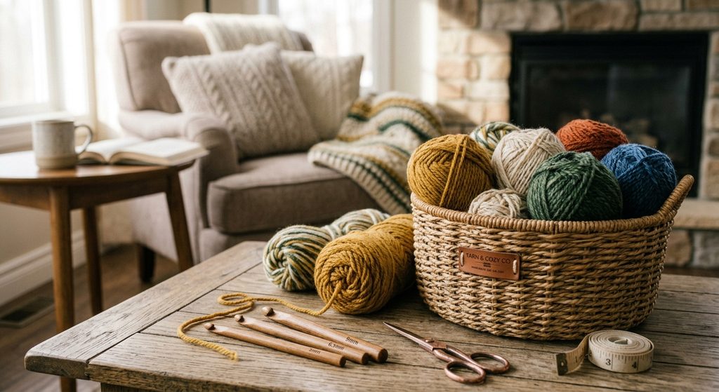 Basket filled with colorful yarn skeins and wooden hooks for crocheting blankets