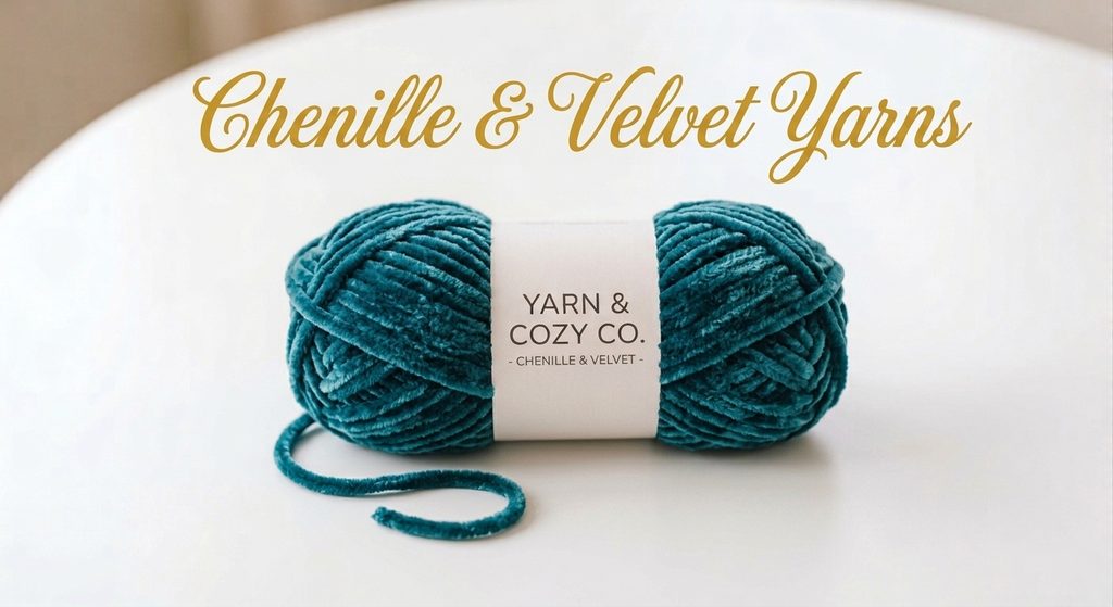 Plush teal chenille velvet yarn skein on a white table with fancy cursive overlay text reading Chenille and Velvet Yarns