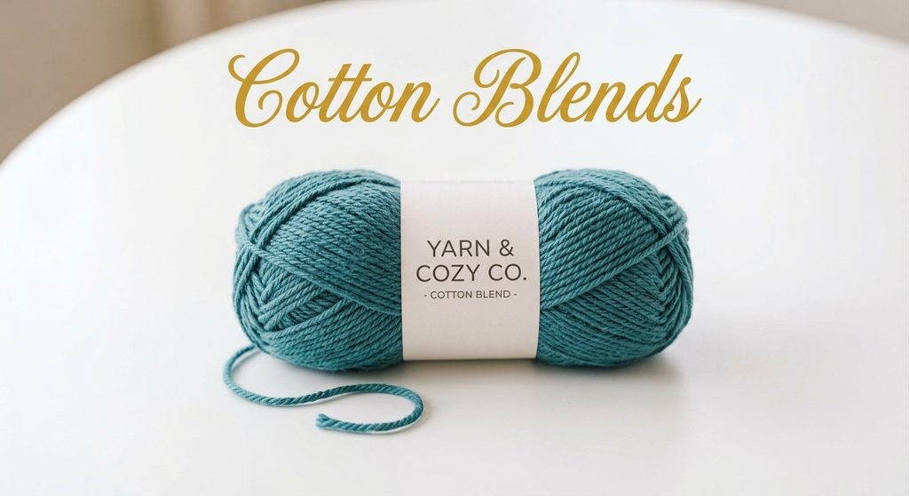 Teal cotton blend yarn skein resting on a white surface with gold cursive text reading Cotton Blends