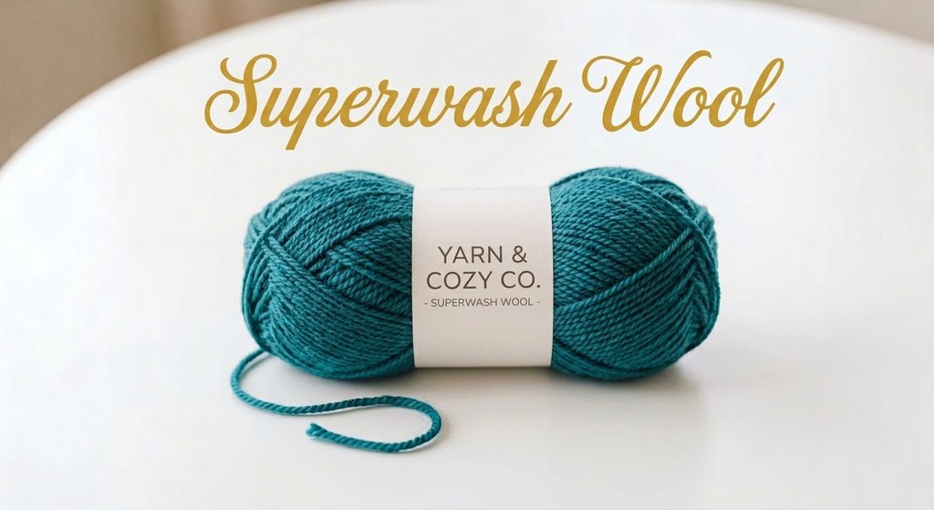Rich teal superwash wool yarn skein on a white background with cursive title text reading Superwash Wool